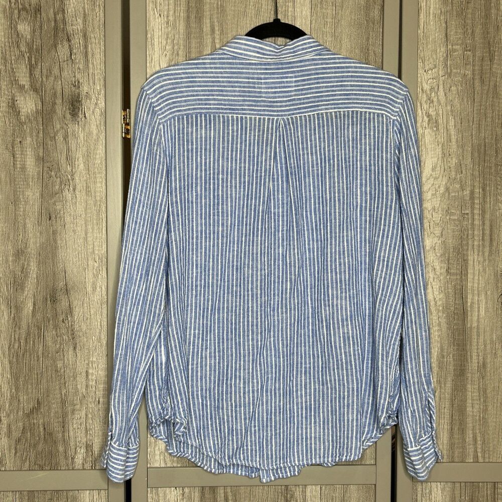 Rails Button Down Shirt Size L Linen Rayon Striped Blue White Charlie Azur - Picture 6 of 6